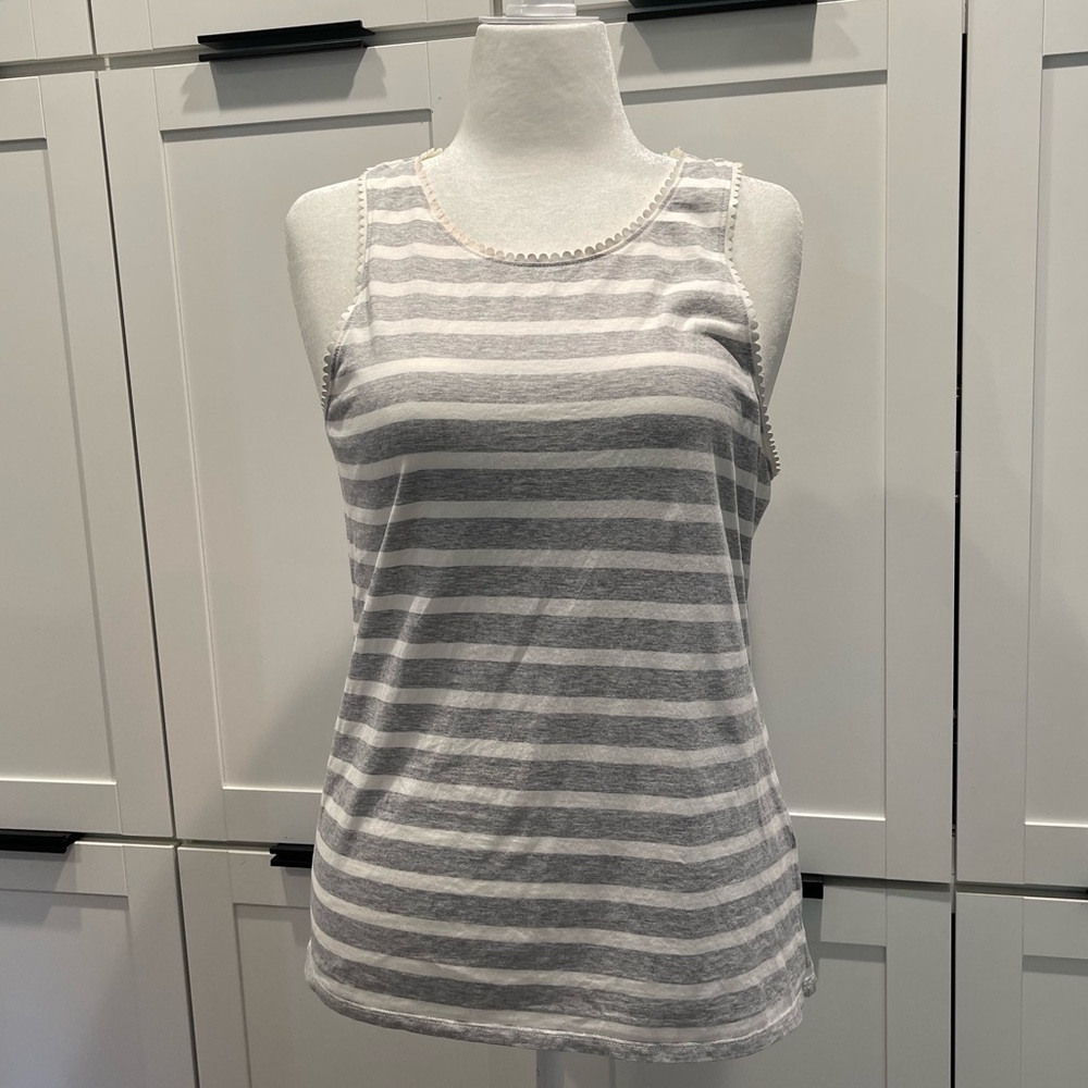 EUC - J.Crew - Gray & White Stripe, Faux Leather Scalloped Trim Tank Top / Large